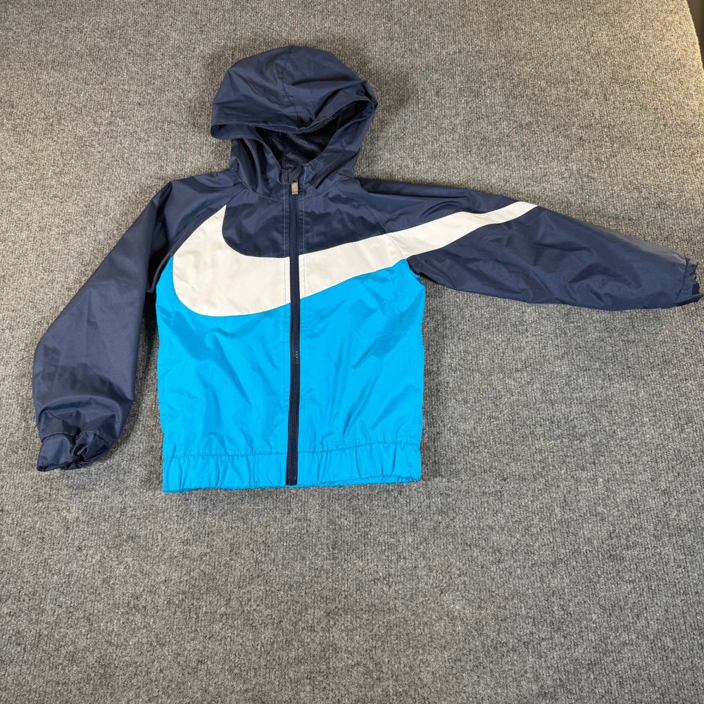 Nike Kids Windbreaker Jacket Blue White Swoosh Full Zip Hooded Size 6 5-6Y #3514